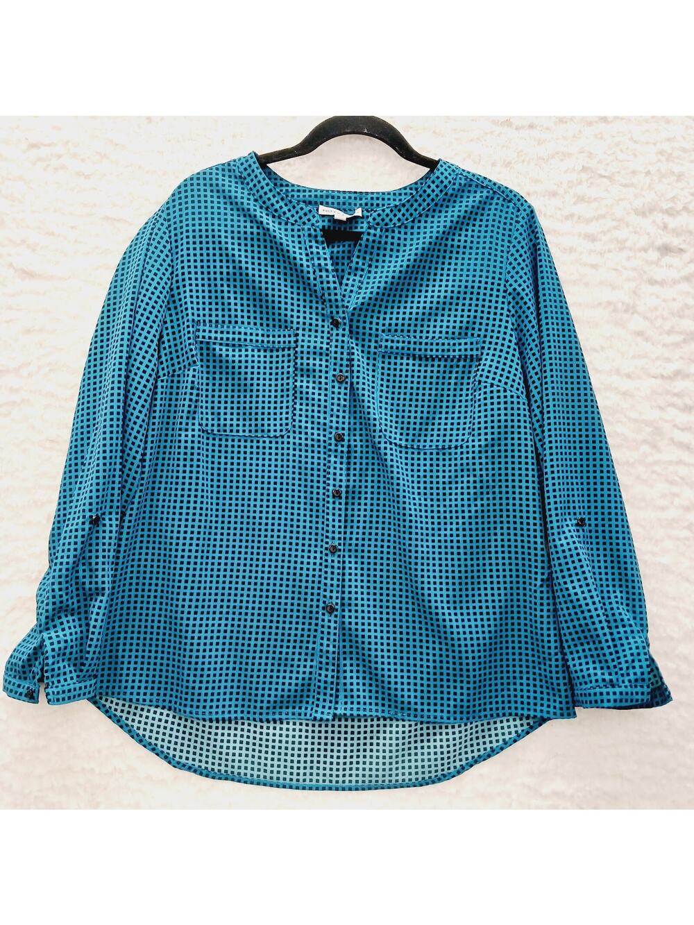 Blouse Button-Up Teal Check Minimalist Office Chic Long Sleeve Lightweight Sz L